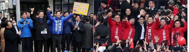 이재명 더불어민주당 대표와 한동훈 국민의힘 비상대책위원장이 지난달 11일 오후 각각 충남 홍성군 홍성시장과 고양시 라페스타 거리를 방문해 총선 예비후보들과 함께 시민들에게 인사하고 있다. (사진=뉴시스 제공)