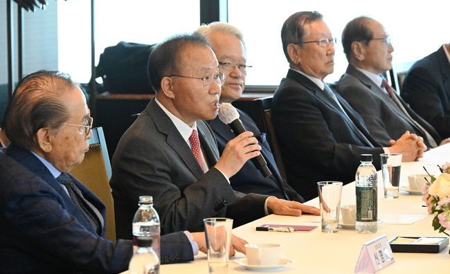 윤재옥 국민의힘 당대표 권한대행이 17일 서울 여의도 한 중식당에서 열린 상임고문단 간담회에서 발언하고 있다.(사진=뉴시스 제공)