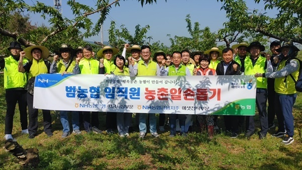  3일 농협은행 자금시장부문 임직원들이 경기 이천시 과수농가를 찾아 일손돕기 후 기념촬영을 하고 있다. (사진=NH농협은행 제공)