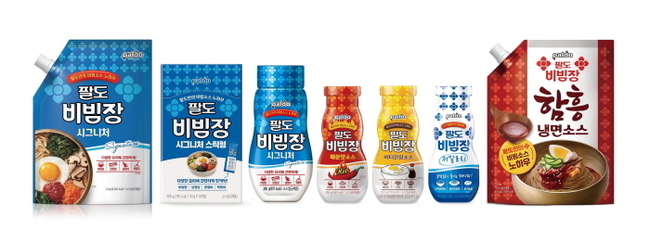 팔도비빔장 시그니처, 팔도비빔장 시그니처 스틱형, 팔도비빔장 버터간장소스, 팔도비빔장 매운맛소스, 팔도비빔장 저칼로리, 팔도비빔장 시그니처 2kg, 팔도비빔장 함흥냉면소스. (사진=팔도 제공)