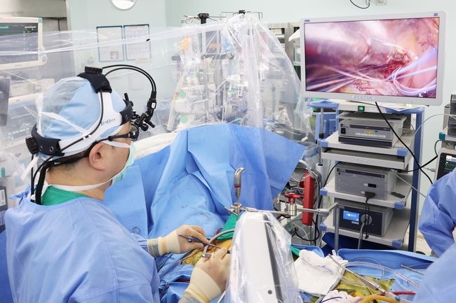 <strong> 서울아산병원 심장혈관흉부외과 유재석 교수가 3D 완전내시경을 이용한 심장수술을 하고있다. (사진=서울아산병원 제공)</strong>