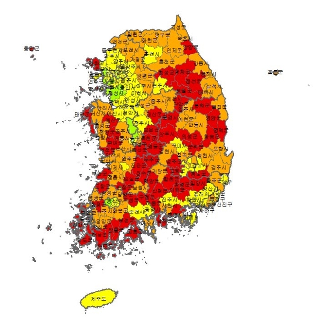 한국고용정보원이 분석한 2024년 3월 기준 전국 228개 시군구별 소멸위험지역 현황.(자료=고용정보원 제공)