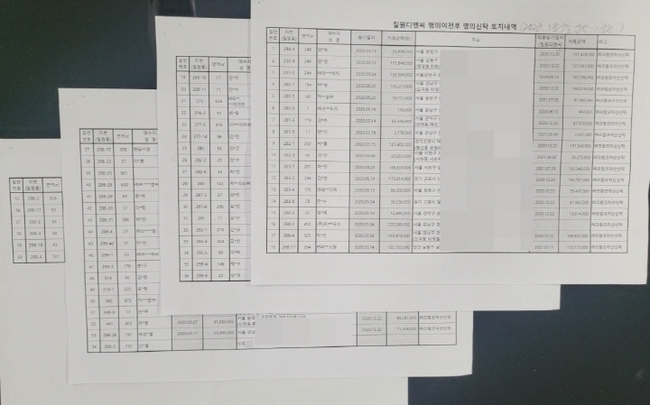 대책위가 공개한 편법 위장전입 의혹과 관련된 60여 필지의 거래내역서.(사진=수촌지구 주민보상대책위원회 제공)