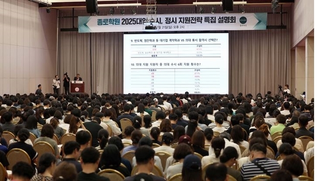 지난달 21일 서울 광진구 세종대학교 컨벤션센터에서 열린 종로학원 2025 대입 수시·정시 지원전략 특집 설명회에서 참석 학부모들이 의대 모집정원 확대, 의대 지역인재 60% 선발, 무전공 선발 확대 등 입시 정보 설명을 경청하고 있다. (사진=뉴시스 제공)