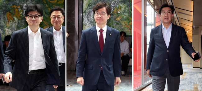 한동훈 국민의힘 대표가 5일 서울 영등포구 페어몬트 앰배서더 호텔에서 열린 5선 이상 의원 오찬 회동에 참석하고 있다. 왼쪽사진부터 한 대표, 조경태 의원, 권성동 의원. (사진=뉴시스 제공)