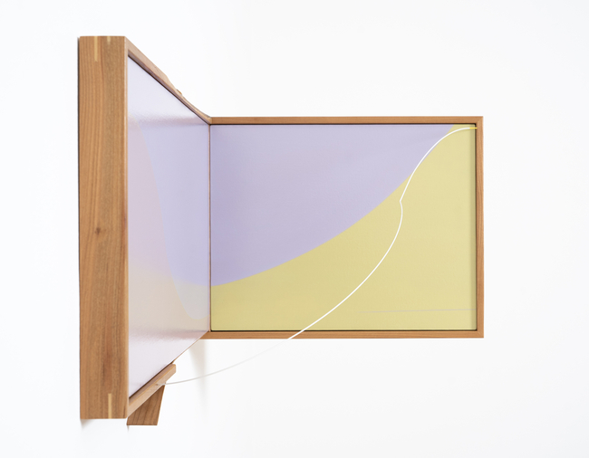 inter- | 43 x 79 x 51cm | acrylic color on canvas & wire, wire-clothing and wood ball on ash structure | 2024