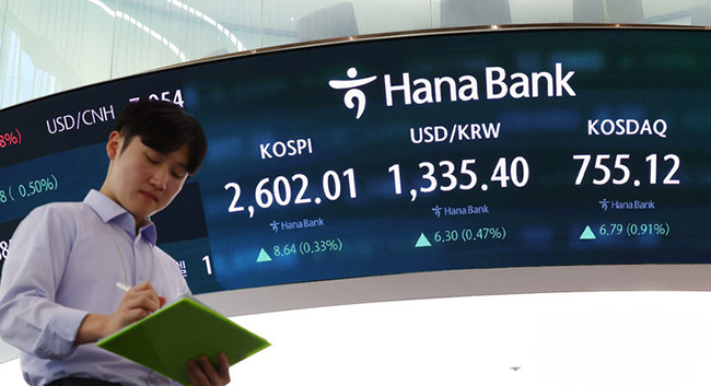 코스피가 전 거래일(2593.37)보다 8.64포인트(0.33%) 오른 2602.01에 장을 마친 23일 서울 중구 하나은행 본점 딜링룸 딜링룸 전광판에 코스피 등이 표시돼 있다.코스닥 지수는 전 거래일(748.33)보다 6.79포인트(0.91%) 상승한 755.12에 거래를 종료했다. (사진=뉴시스 제공)