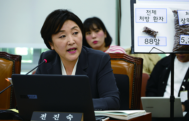 전진숙 더불어민주당 의원이 지난 10월 10일 국회에서 열린 보건복지위원회의 식품의약품안전처에 대한 국정감사에서 2023년 졸피뎀 평균 처방량과 상위 20명의 평균 처방량 비교 자료를 보여주며 질의하고 있다. 