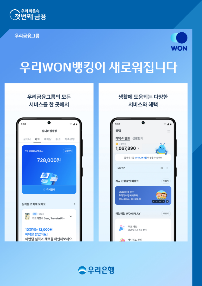 우리은행이 우리금융그룹의 핵심 서비스를 모두 모은 ‘NEW 우리WON뱅킹’을 출시한다.(사진=우리은행 제공)