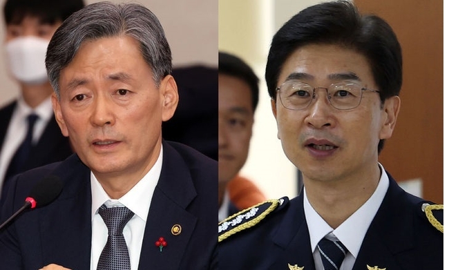 경찰은 12·3 비상계엄 사태 관련 내란죄로 고발된 조지호(왼쪽) 경찰청장과 김봉식 서울경찰청장이 경찰 국가수사본부(국수본) 비상계엄 특별수사단'에 긴급 체포됐다고 11일 밝혔다. (사진=뉴시스 제공)