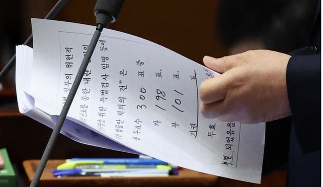  지난 8일 오후 서울 여의도 국회에서 열린 제420회국회(임시회) 제4차 본회의에서 윤석열 정부의 비상계엄 내란행위 진상규명 특검법 재의의 건이 부결되고 있다.(사진=뉴시스 제공)
