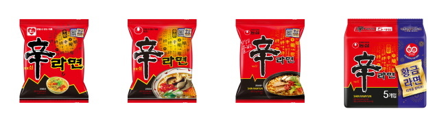 신라면 히스토리팩 이미지. 좌측부터 1986년, 1992년, 2014년 패키지 디자인(사진=농심 제공)
