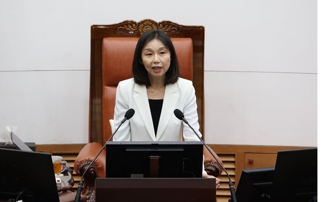  최호정 서울시의회 의장이 지난 10일 오후 서울 중구 서울시의회 본회의장에서 열린 제331회 정례회 개회식에서 개회사를 하고 있다. (사진=뉴시스 제공)