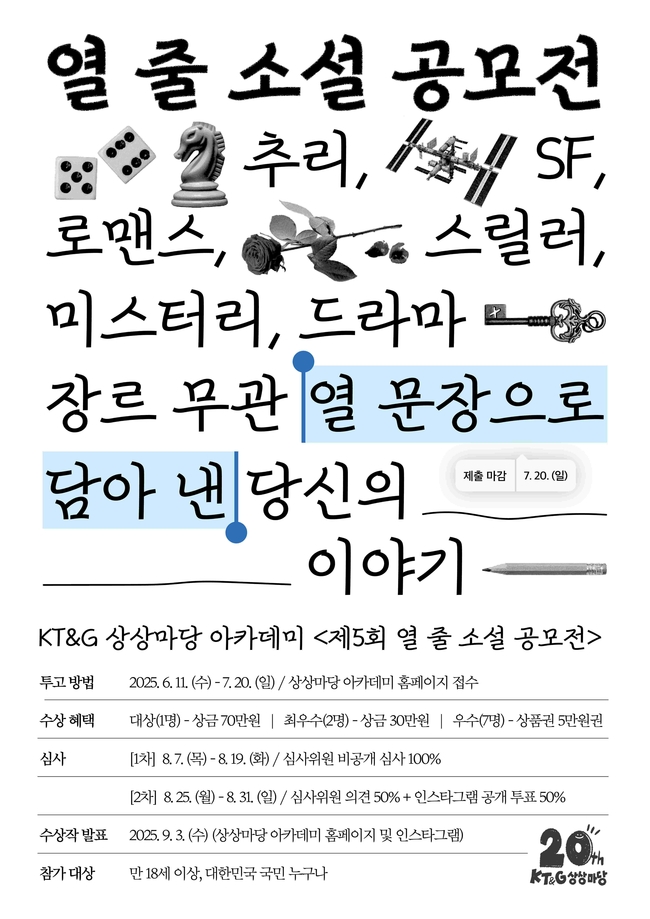 KT&G 상상마당이 문학 저변 확대를 위한 ‘제5회 열 줄 소설 공모전’의 참가자를 오는 7월 20일까지 공개 모집한다. 사진은 ‘제5회 열 줄 소설 공모전’ 포스터 이미지(사진=KT&G 상상마당 제공)