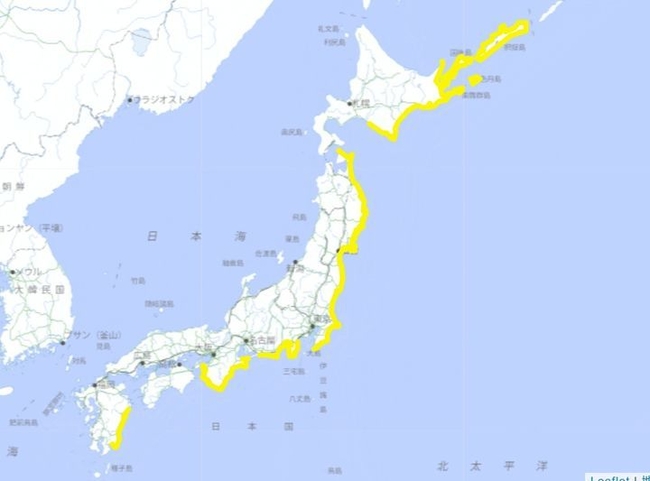 러시아 캄차카반도 동쪽 바다를 진원으로 하는 규모 8.0 지진이 30일 오전 8시 25분께 발생하면서 일본 열도 태평양 측 지역들에 지진해일(津波·쓰나미)주의보가 발령됐다. 사진은 일본 기상청이 발표한 것으로, 노란색으로 표시된 지역이 주의보가 발령된 곳이다. 사진은 일본 기상청 갈무리. <사진캡처=일본 기상청>/뉴시스 제공