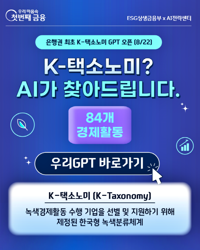 우리은행이 시중은행 최초로 한국형 녹색분류체계를 여신 심사에 활용하는 ‘K-택소노미 전문 상담 AI’를 도입됐다.(사진=우리은행 제공)