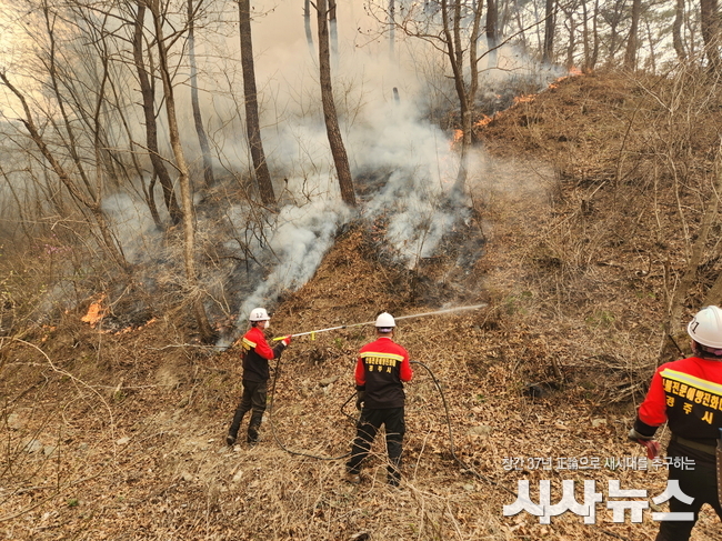 1) 경주시 산불전문예방진화대가 지난 산불 현장에서 진화 작업을 펼치고 있는 모습.