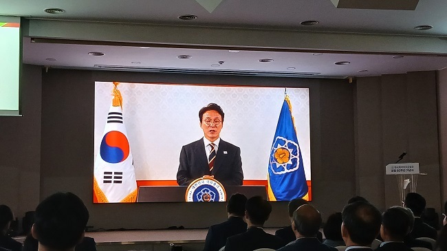 김민석 국무총리가 영상으로 축사를 하고 있다. (사진=홍경의 기자)