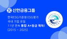 신한금융그룹, 한국ESG기준원 ESG 평가 국내 기업 유일 11년 연속 통합 A+ 등급 획득