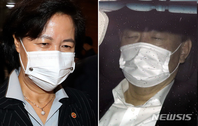 추미애(왼쪽) 법무부 장관이 지난 19일 본회의에 참석하기 위해 서울 여의도 국회로 들어오고 윤석열 검찰총장이 같은 날 서울 서초구 대검찰청으로 출근하고 있다. 법무부는 이날 오후 예정했던 윤석열 검찰총장 감찰 관련 직접 대면조사를 취소했다. 2020.11.19. (사진/뉴시스)